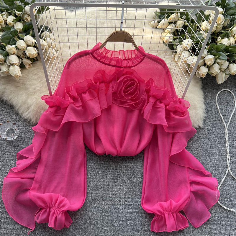 Women's Clothing Designed irregular ruffled mesh shirt for women in spring and autumn pullover pleated niche slim and chic top trendy_voghion.com