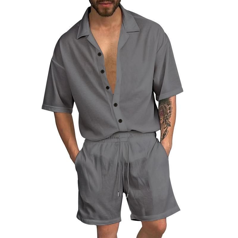Sommeranzug, lässiges Revers, einfarbiges Hemd, Strickjacke mit Knöpfen, Kurzarm-Shorts-Set, Herren_voghion.com