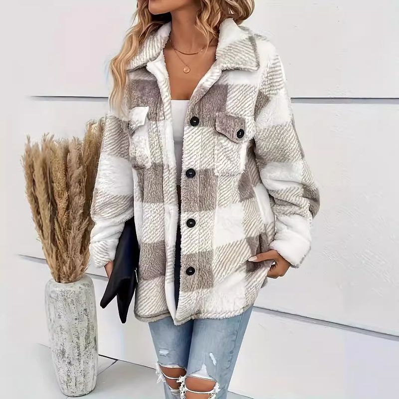 Women's Plaid Fleece Coat With Button-Down Collar - Oversized Long Sleeve Trench Coat For Autumn Winter, Plus Size 1XL-5XL, Grey_voghion.com