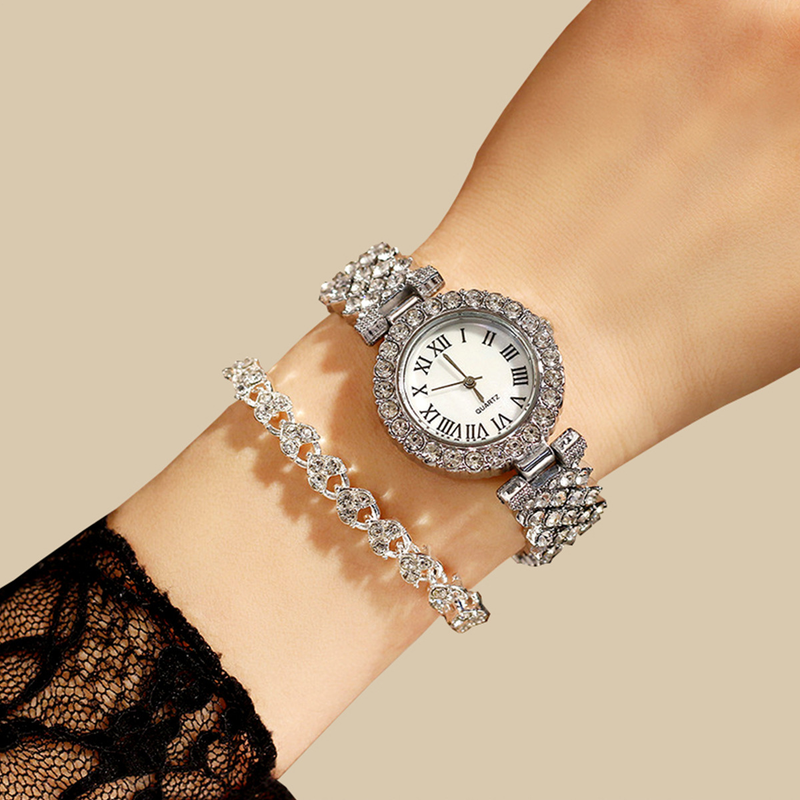Dame armbåndsur sæt diamantbesat baby's breath armbåndsur + armbånd gavesæt til kvinder_voghion.com