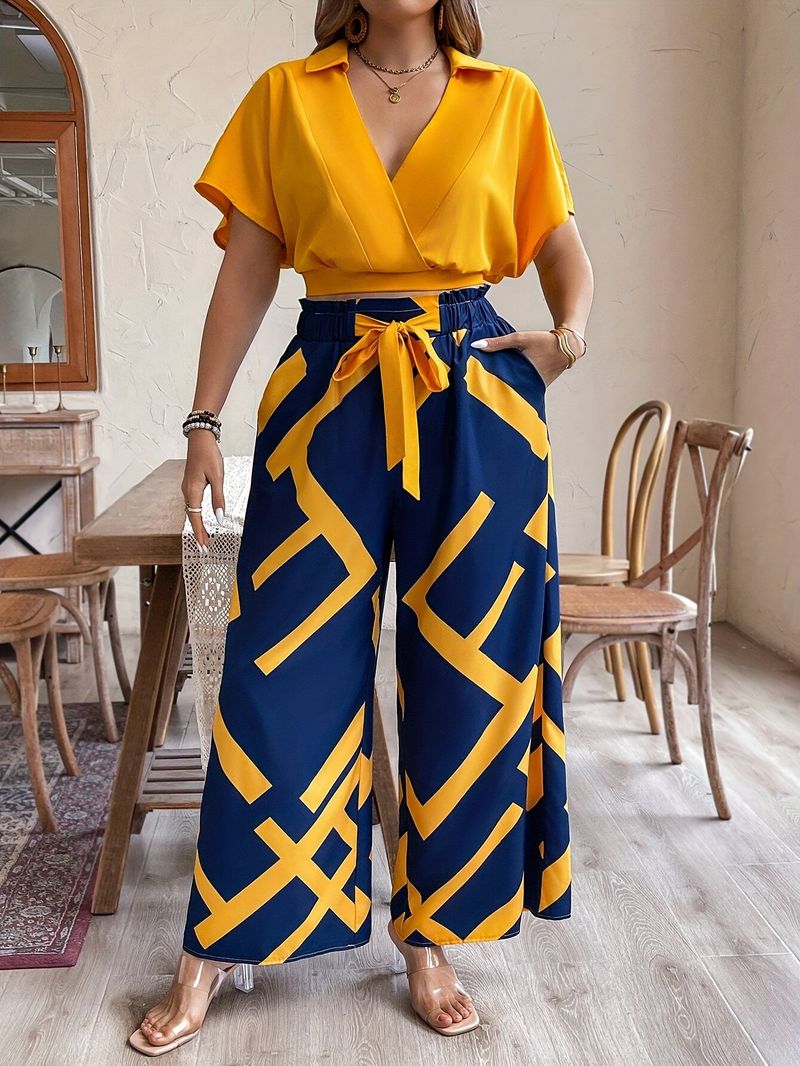 Dameklær Plus Size V-hals Kortermet Topp Trykt Bukse Dress For Dame_voghion.com