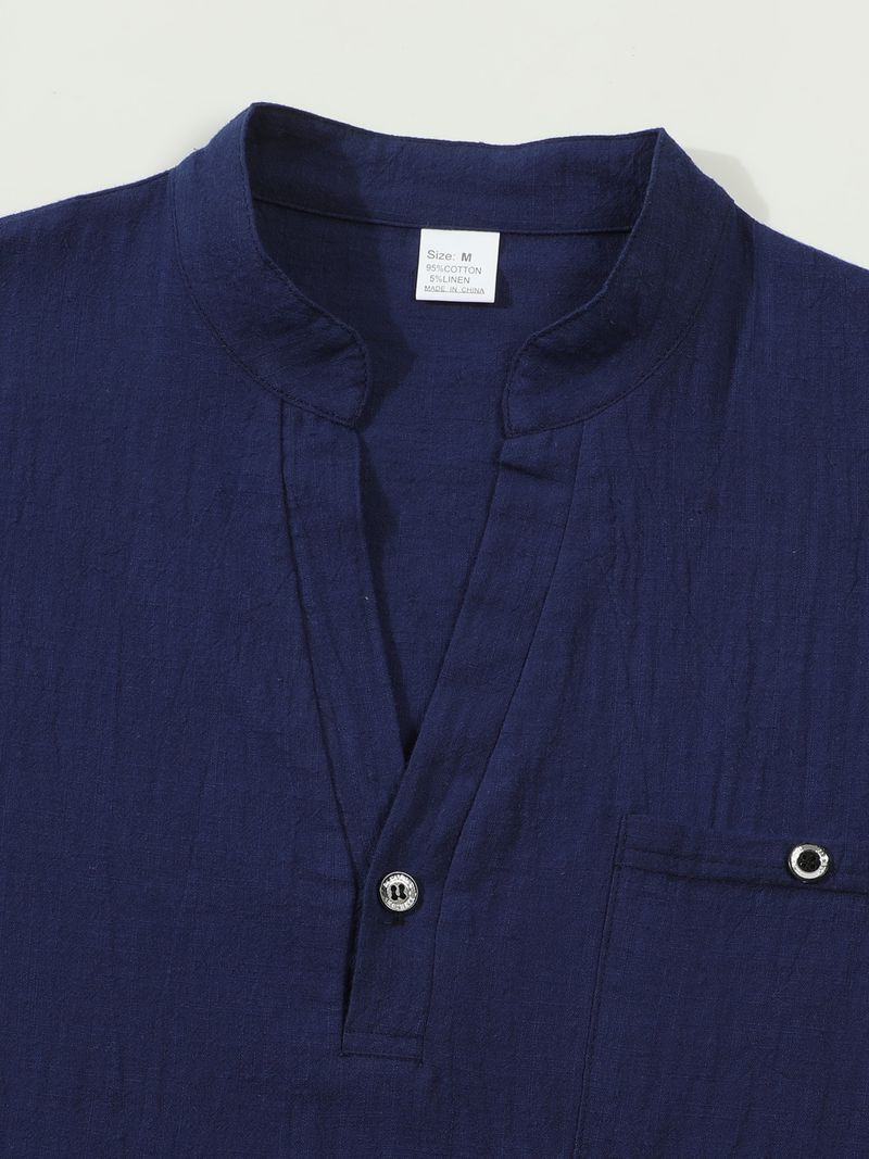 Camicia da uomo a maniche corte in lino e cotone – Collo alto traspirante, vestibilità comoda, casual (S-XXXL, blu navy/bianco/albicocca)_voghion.com