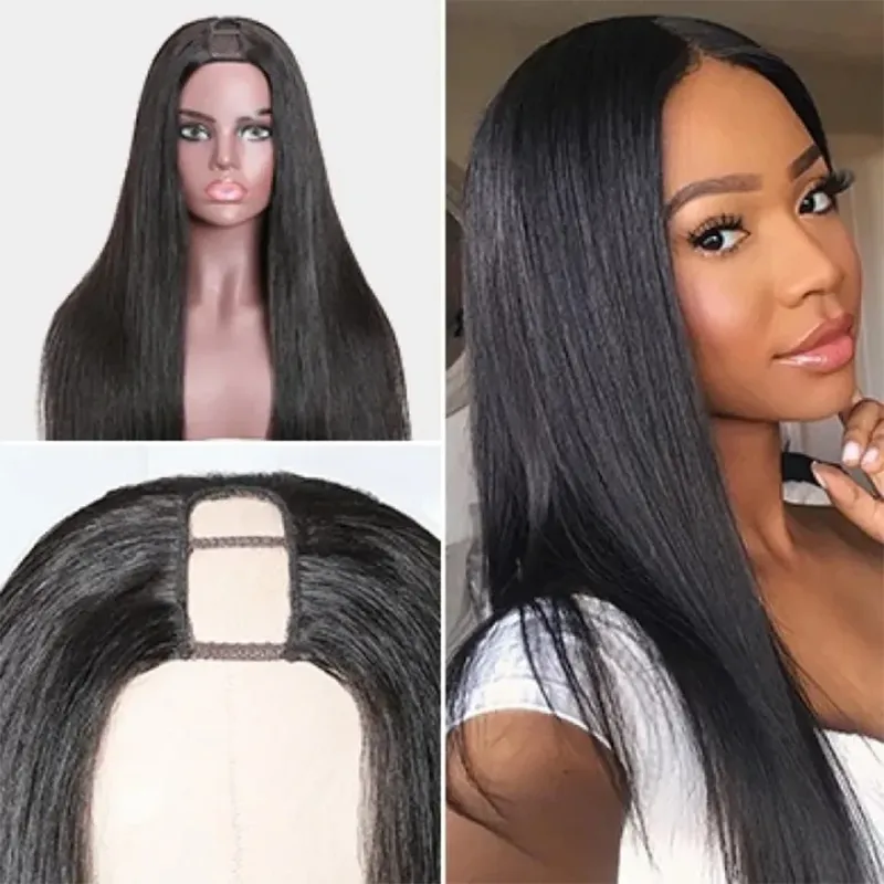 Peluca de cabello humano liso sin pegamento con parte en U para mujeres negras, cabello malayo 180 % natural, larga, lista para usar_voghion.com