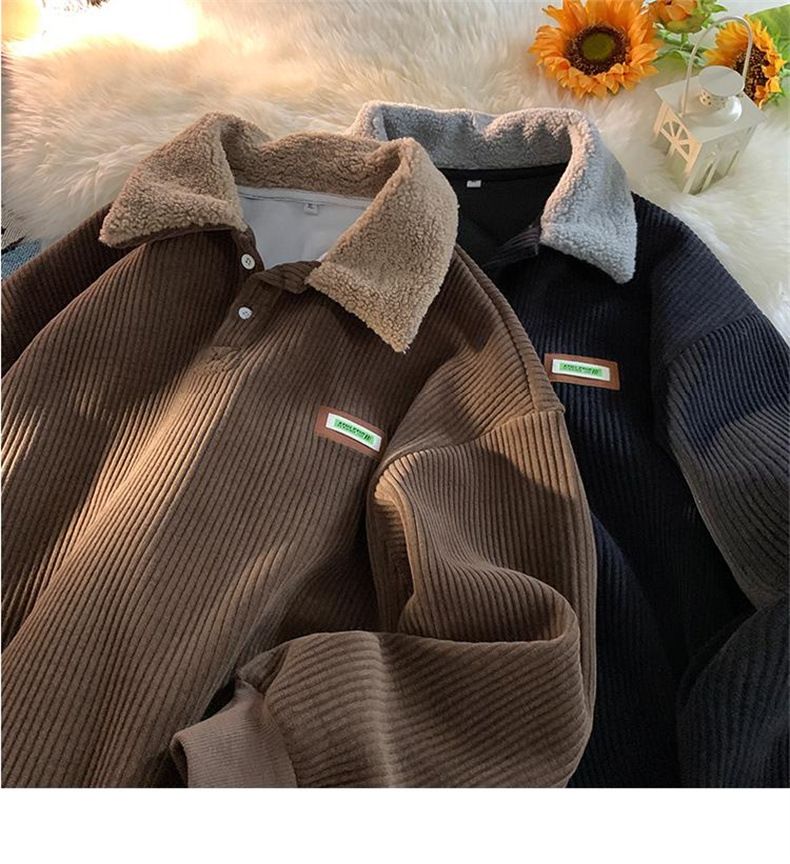 Felpa con collo a polo in velluto a coste da uomo, autunno e giacca in lana di agnello spessa foderata in pile, coppia, inverno, giovani_voghion.com