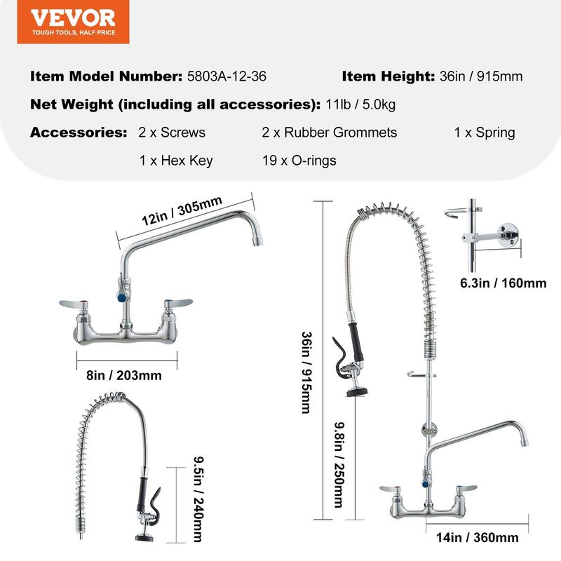 VEVOR Commercial Faucet With Pre-Rinse Sprayer, 36" Height, 8" Center, 12" Swing Spout, Wall Mount Kitchen Sink Faucet, Brass Constructed Device With Pull Down Spray, For 1/2/3 Compartment Sink_voghion.com