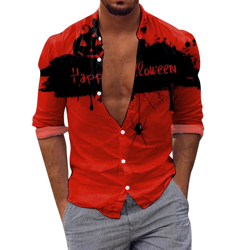 Chemise ample de plage imprimée en 3D à manches longues pour hommes, taille américaine, tête de citrouille chauve-souris Halloween_voghion.com