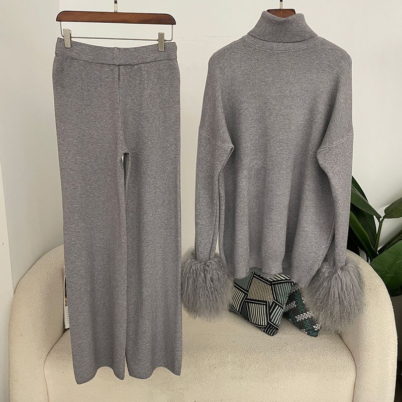 Ensemble en tricot avec poignets en fourrure de renard pour femme – Pull ample à col montant et pantalon large pour l'automne/hiver_voghion.com