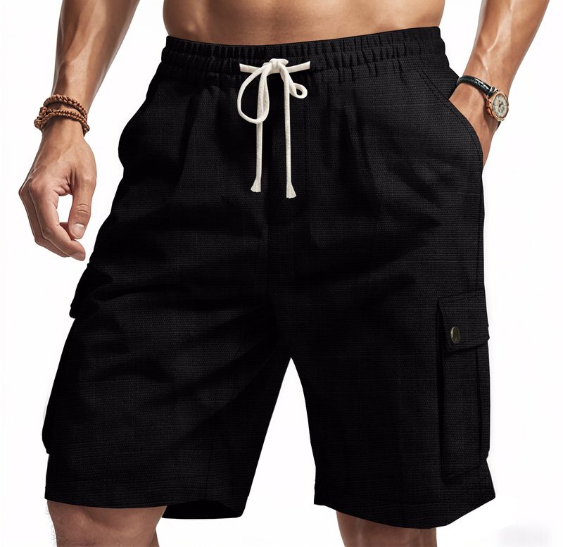 Pantalones cortos casuales de playa de lino con nudo de bambú para hombre de American Amikaji Outdoor Tactical Workwear de verano_voghion.com