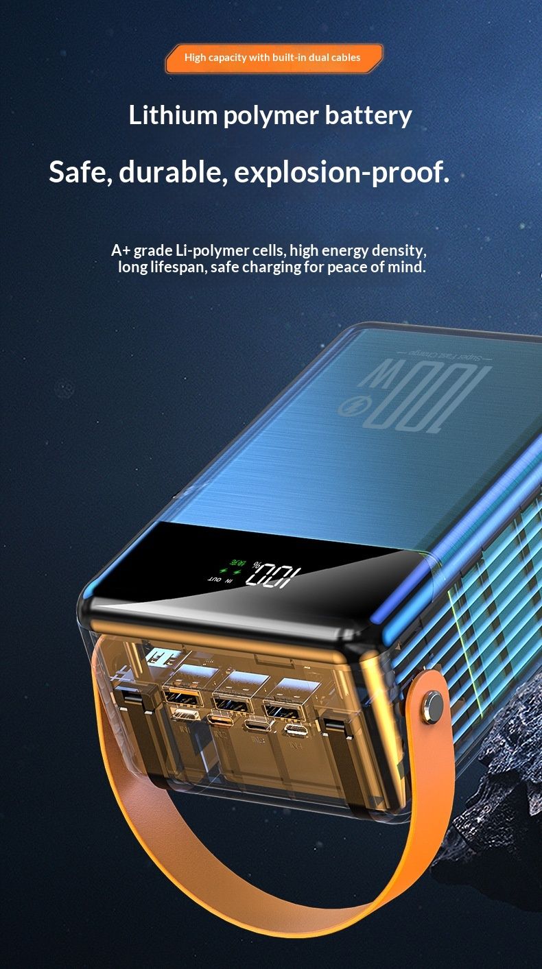 Cross-border Super Fast Charging Built-in Cable Power Bank 100000mAh Large Capacity Outdoor Portable Charger Custom_voghion.com
