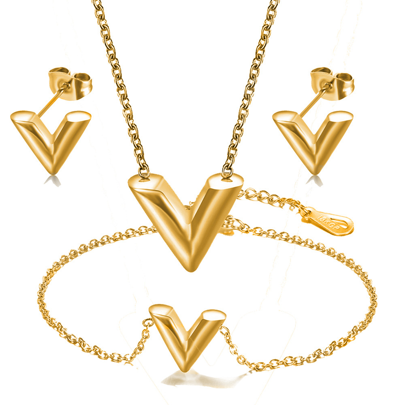 Modeset met V-vormige hanger, schakelketting, armband en oorbellen van roestvrij staal voor dames_voghion.com