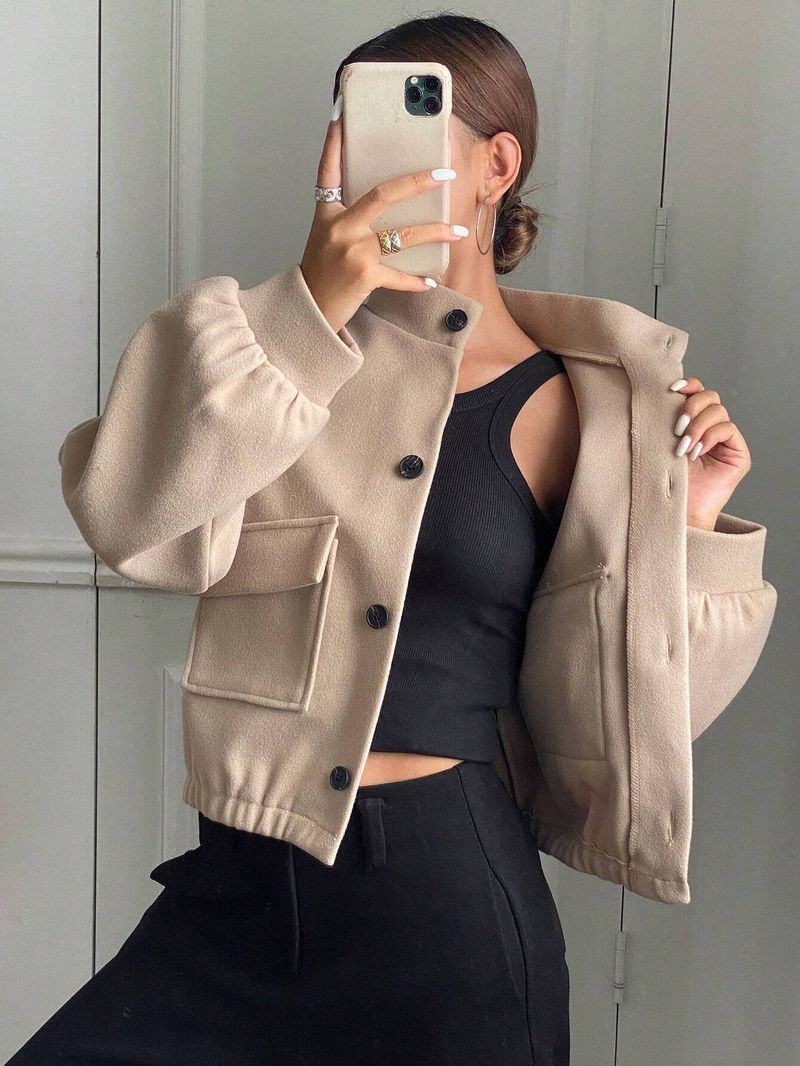 Women's Clothing Autumn Winter Women's Casual Short Wool Blend Coat With Stand Collar & Single Button Closure, Loose Fit, Long Sleeve, Outerwear_voghion.com