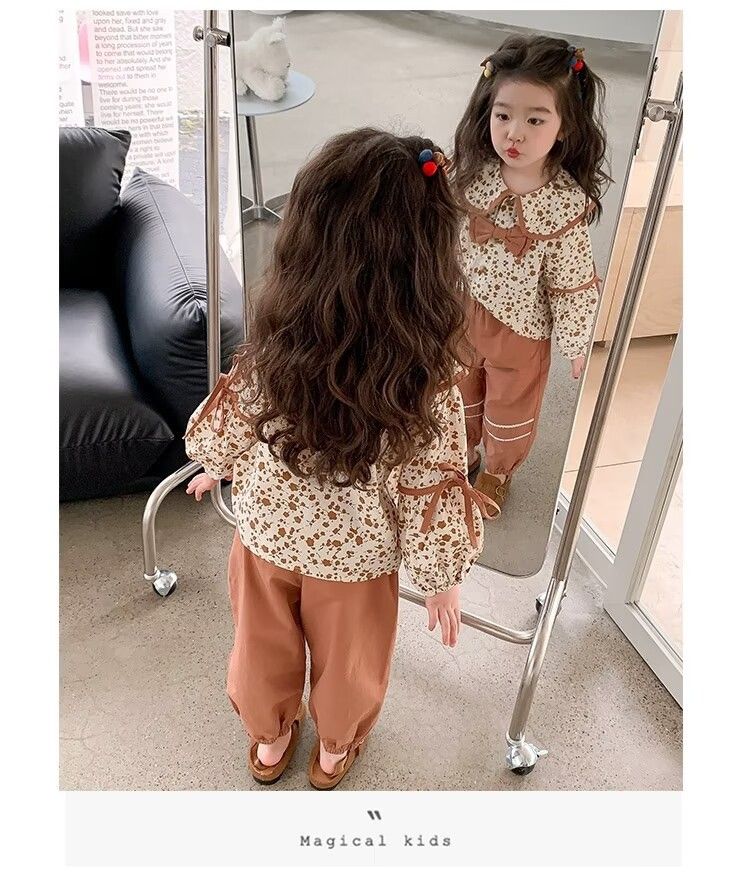 Ragazze e autunno 2023 nuova moda femminile bambino primavera collezione bambini floreale fiocco due pezzi set_voghion.com