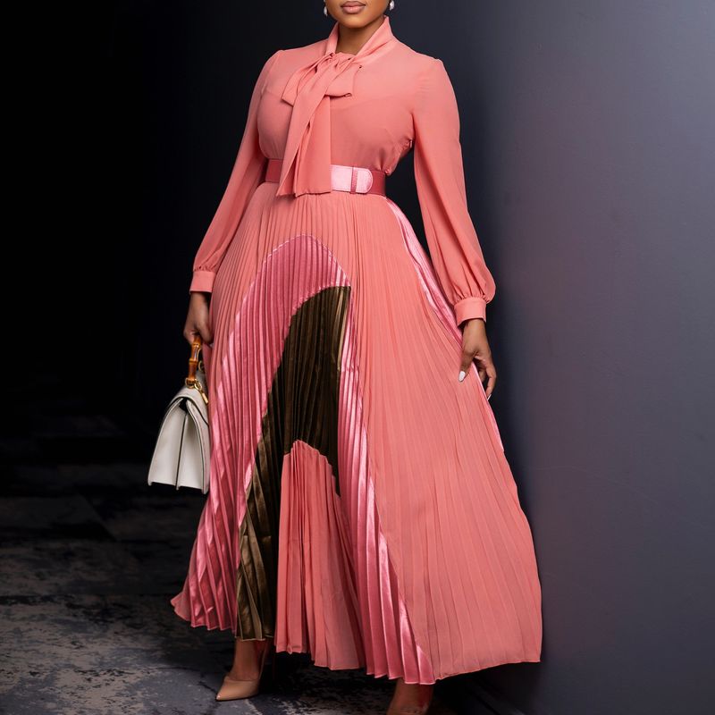 Großes Damenkleid im Herbst 2024, Neuheit mit Schnürung, Plissee, langen Ärmeln, Farbblock, elegantes Kleid mit Temperament_voghion.com