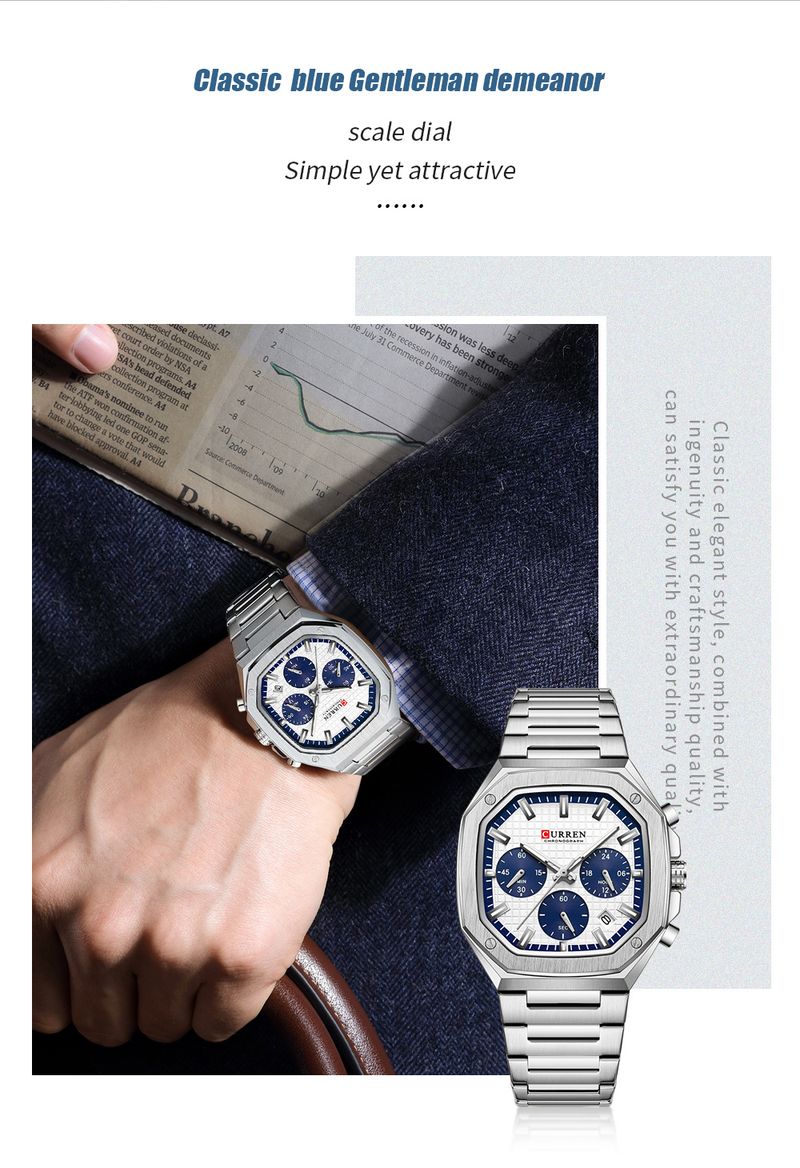 CURREN Orologio cronografo da uomo in acciaio inossidabile con quadrante quadrato e data, design di ispirazione vintage, al quarzo_voghion.com