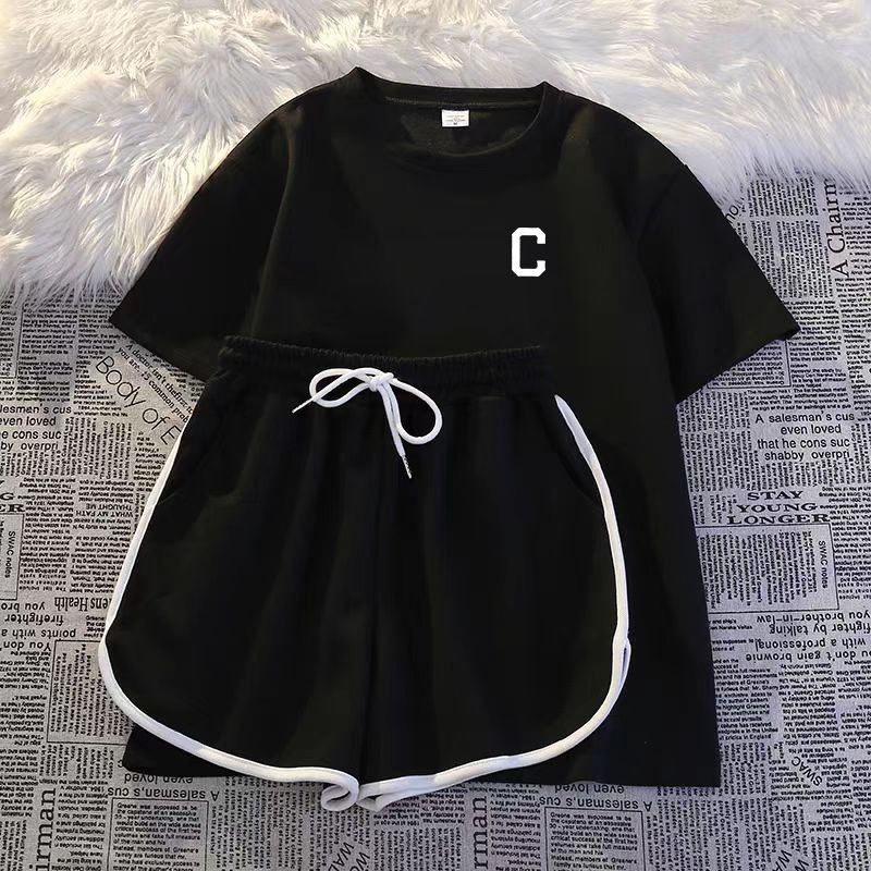 Ensemble 2 pièces ample style coréen pour femme : haut à manches courtes en soie de lait et short à cordon de serrage (vêtements de sport décontractés, tendance et polyvalents)_voghion.com
