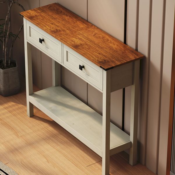 Farmhouse Style Console Table With 2 Drawer And Bottom Storage Shelf For Entryway, Rustic Side Table With Storage Drawer And Shelf For Living Room,_voghion.com