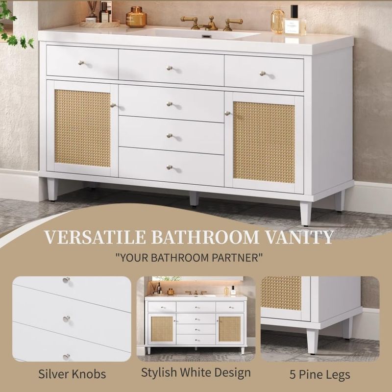 CREASION 84" White Double-Sink Bathroom Vanity: 2 Ceramic Sinks, Quartz Top, Adjustable Shelves, 3 Drawers, Silver Handles, Soft Close Hinges_voghion.com