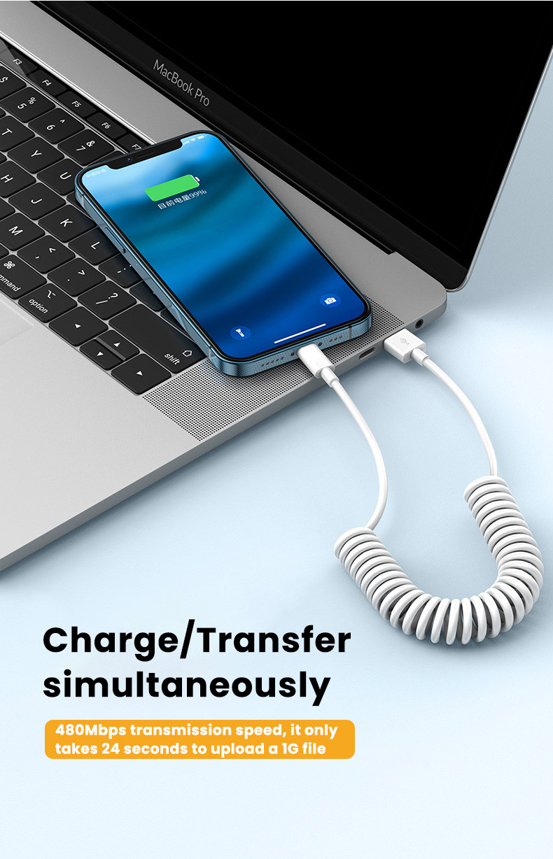 Spring 1M USB-Kabel für iPhone 14 13 12 Pro Max XS XR 8 7 6s Einziehbares Origin 3A USB-Ladekabel_voghion.com