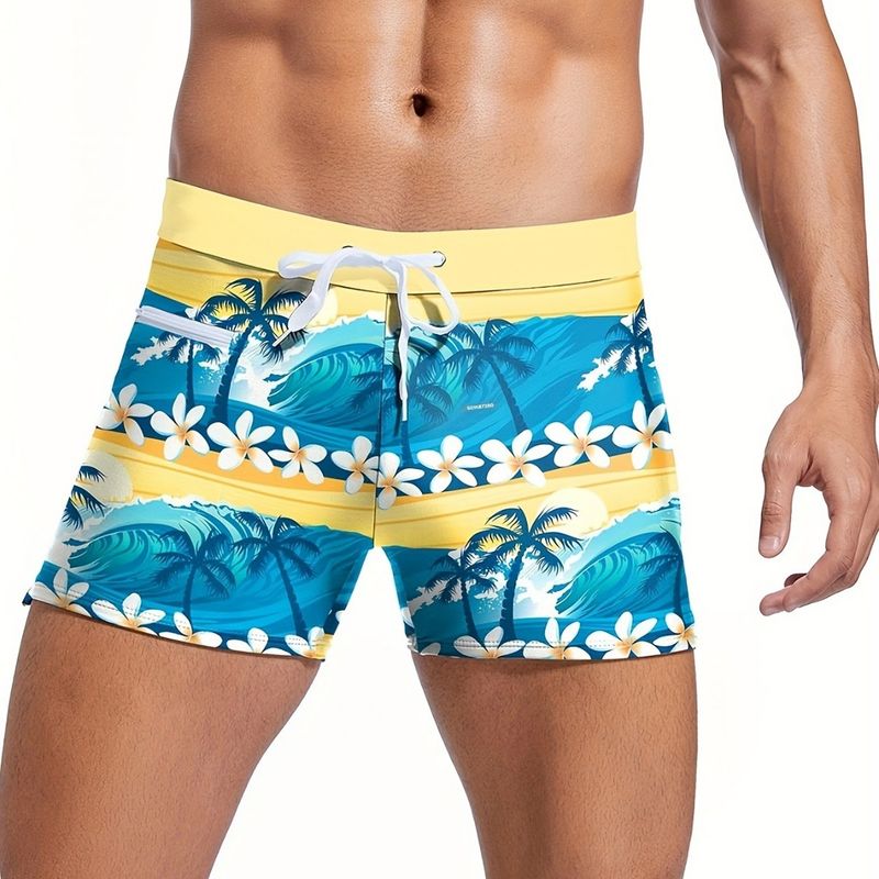Men's Clothing New Coconut Tree Print Zipper Tether Leisure Tight Four Corner Swimming Spot_voghion.com