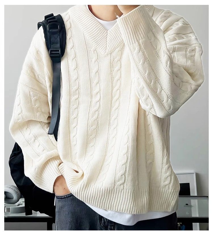 Maglione marrone a trecce con scollo a V per uomo, maglione casual autunnale Melad, maglietta Lazy Base_voghion.com
