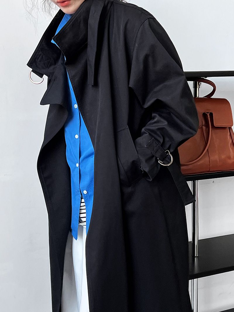 Elegant British-Style Long Trench Coat For Women – Minimalist & Luxurious Knee-Length Overcoat With Adjustable Belt, Pure Cotton, Black & Light Beige_voghion.com