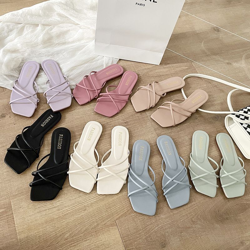 Fairy Style Slippers For Women New 2025 Summer Outdoor Korean Version Simple Thin Strap Square Toe Flat Beach Sandals_voghion.com