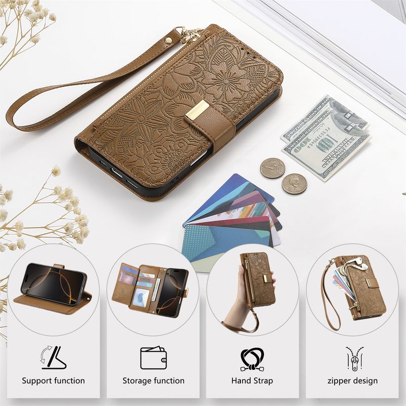 Custodia elegante e alla moda in pelle con flip per iPhone Air e 17 Pro di TechGlobe, con portafoglio a forma di fiore e foglia._voghion.com