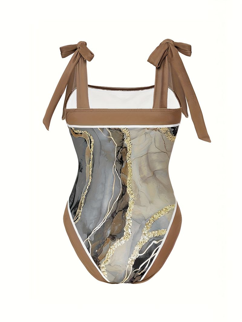 Plus Size Retro Tankini Set, Women's Plus Marble Print Tie Shoulder One Piece Swimsuit & Skirt Two Piece Bathing Suit_voghion.com