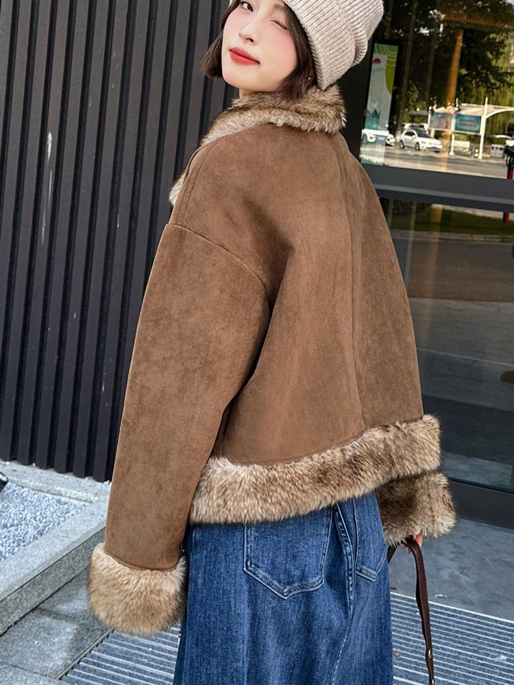 2024 Shearling Pelzmantel für Frauen Herbst Winter Melad Spleißen Lose Hornknopf Umlegekragen Jacke_voghion.com
