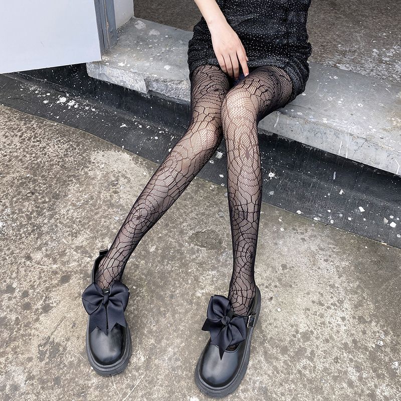 JK-Socken im dunklen Stil, Spinnennetzmuster, Internet-Promi-Schwarze Strümpfe, dünne Socken, hohle Jacquard-Netzstrümpfe für Damen_voghion.com