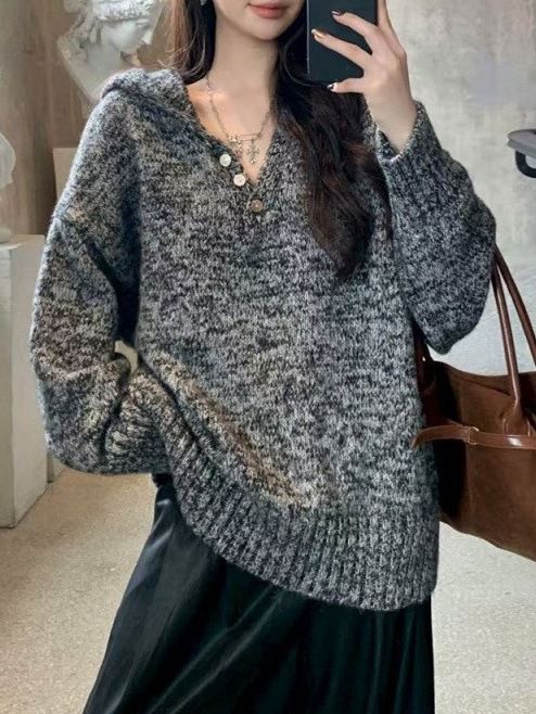 Maglione da donna con cappuccio, scollo a V, grigio, bottoni, casual, lazy, ampio, di nicchia, Xiaoxiangfeng_voghion.com