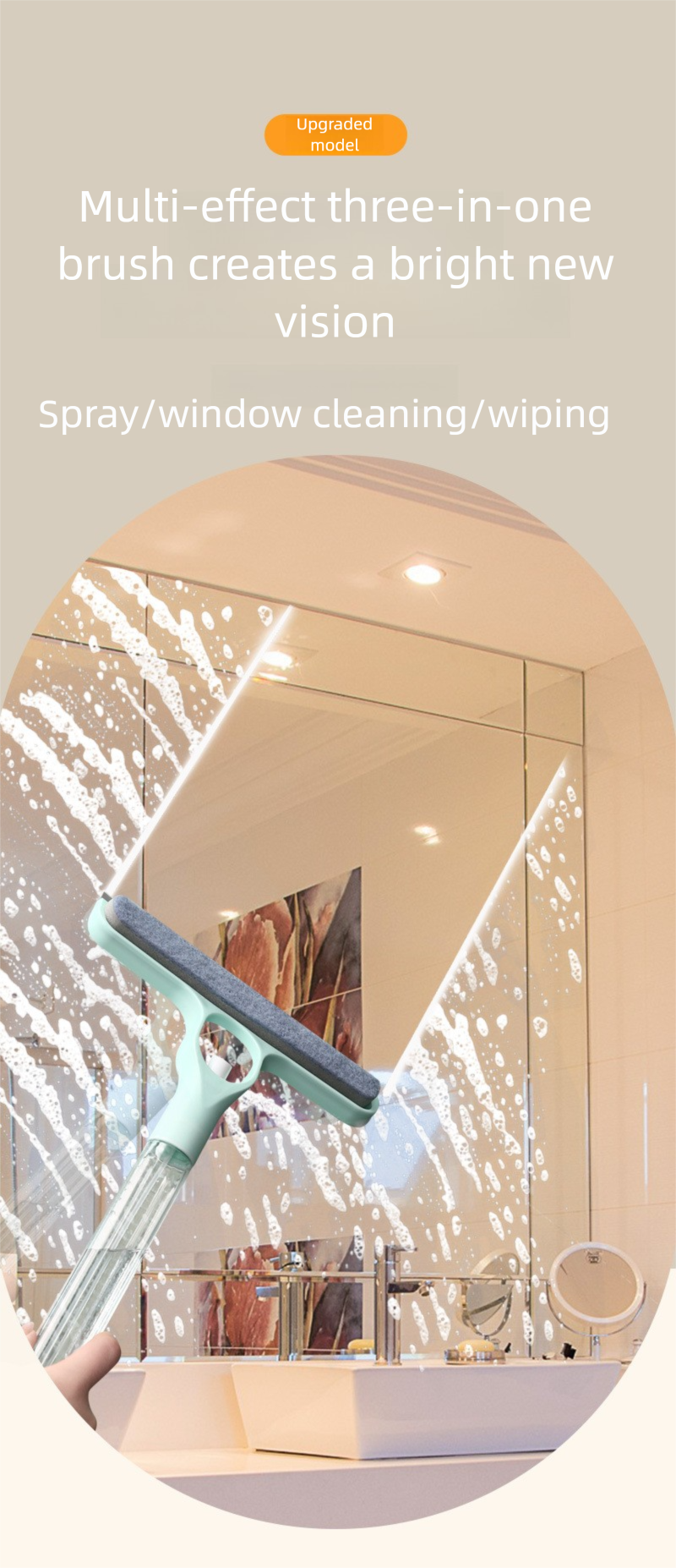 Raschietto portatile con manico corto e testina di spruzzo integrata, strumento di raschiatura dell'acqua per la pulizia dei vetri del bagno 3 in 1_voghion.com