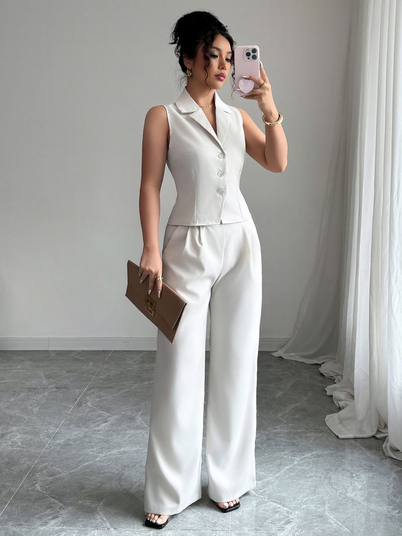 Damenbekleidung Urlaubsstil Knopfweste Hose Zweiteiliger Anzug_voghion.com