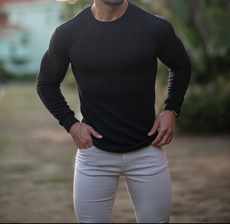 Ropa para hombre Camiseta deportiva de otoño para hombre, informal, con cuello alto, tiras verticales elásticas, cuello redondo, manga larga_voghion.com