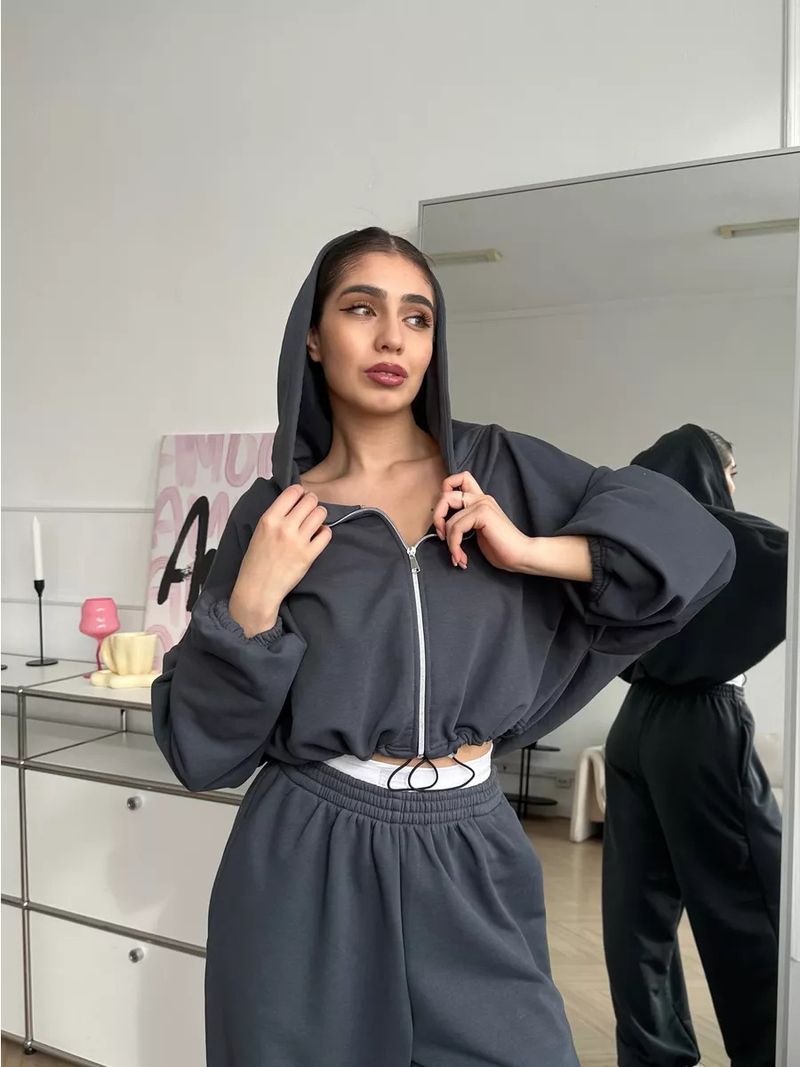 Women's Casual Suit Solid Color Long Sleeved Zipper Cardigan Drawstring Hooded Sweatshirt Sports Elastic Pants Two-piece_voghion.com