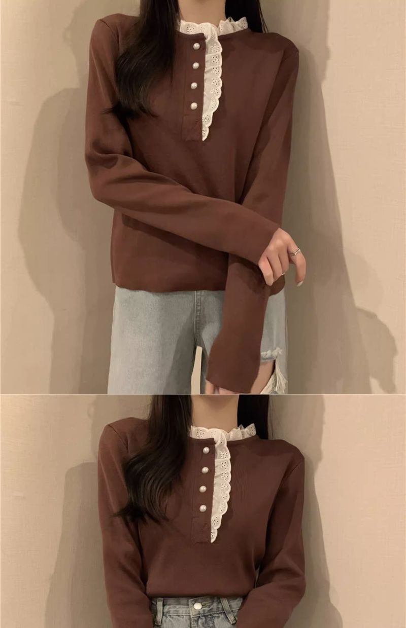 Dolce maglione in stile western con design unico, maglia a maniche lunghe con base in albicocca e pizzo con orecchie di legno, autunno e inverno_voghion.com