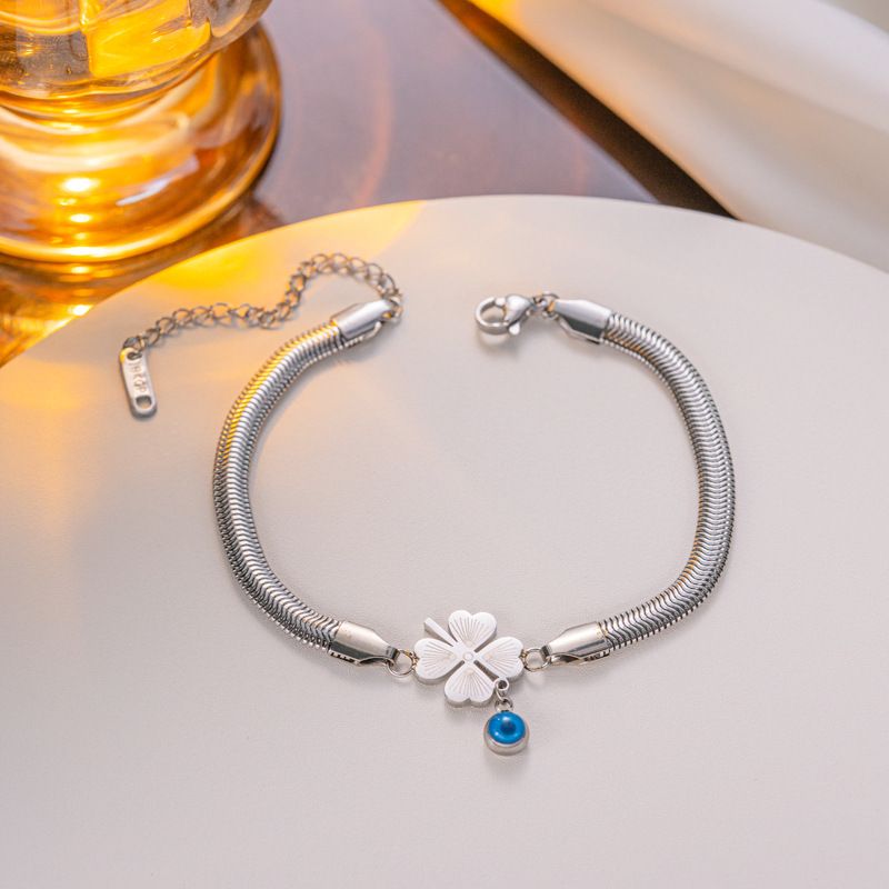 Cadena de hueso de serpiente de acero de titanio, pulsera de ojo azul con corazón, accesorio dorado que no se decolora para mujer_voghion.com