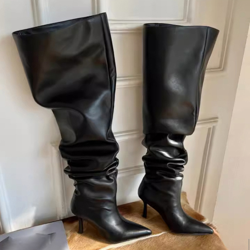 Oversized High Heeled Boots European And American Hot Girls Fashion Pointed Toe Stiletto Over The Knee Wide Pile_voghion.com