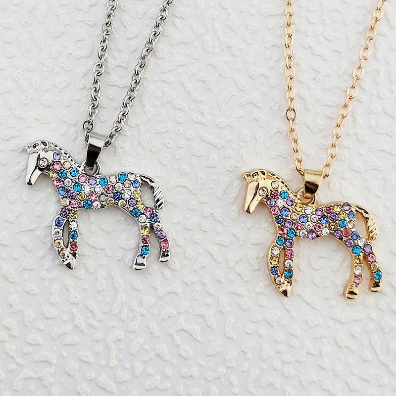 Hot Selling Popular Rainbow Horse Pendant Fashionable and Personalized Colorful Diamonded Pony Necklace_voghion.com