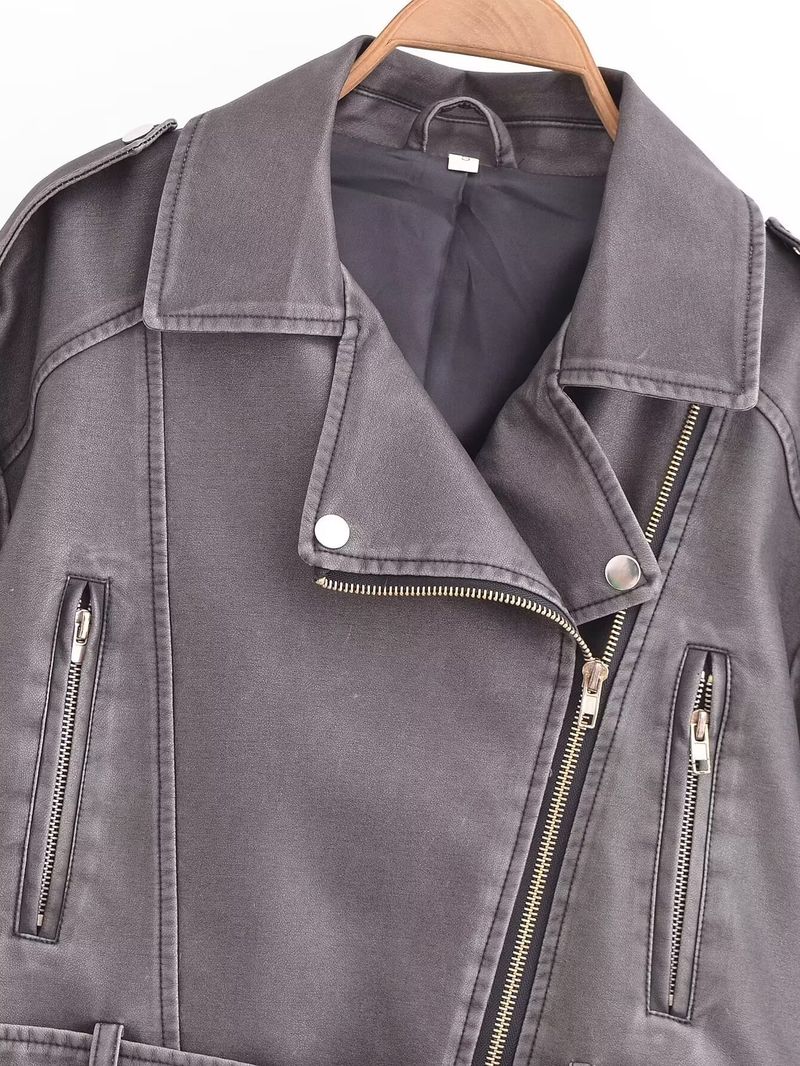 Damen-Bikerjacke aus Kunstleder – Slim Fit Kurzmantel mit Gürtel, V-Ausschnitt, langen Ärmeln (Weiß, Schwarz, Grau, Armeegrün, Dunkelbraun)_voghion.com