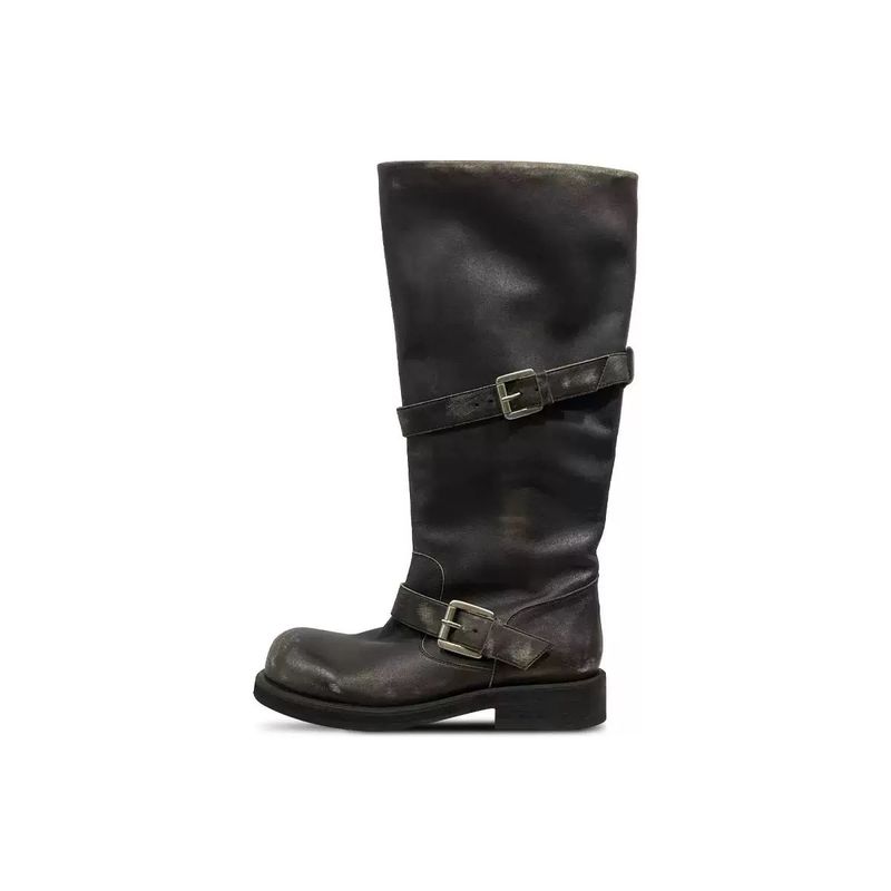 Rindsleder-Version ~ Koreanischer Stil, breite Schuhe aus echtem Leder, Sohle, hoher Flor, dicker Absatz, lange Röhren-Ritterstiefel für Damen_voghion.com
