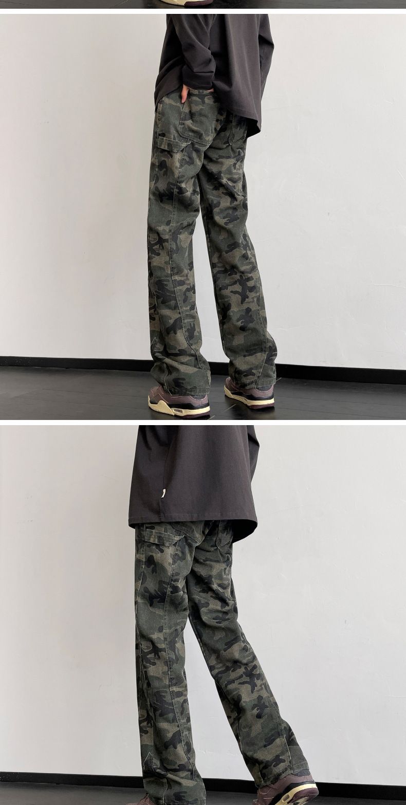 Spring High Street Micro-pull Pants American Camouflage Jeans Men's Straight Design High Sense_voghion.com