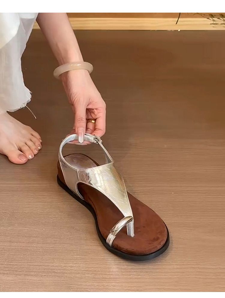 Lancui Edition ~ French Niche Metal Buckle Ring Sandals For Women Fairy Style Open Toe Genuine Leather Soft Sole_voghion.com