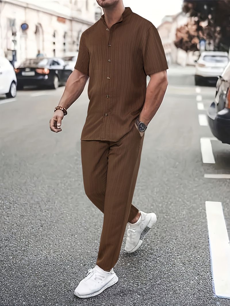 Costum casual pentru bărbați, la modă, cu dungi texturate și valuri, cu mânecă scurtă, pantaloni lungi_voghion.com