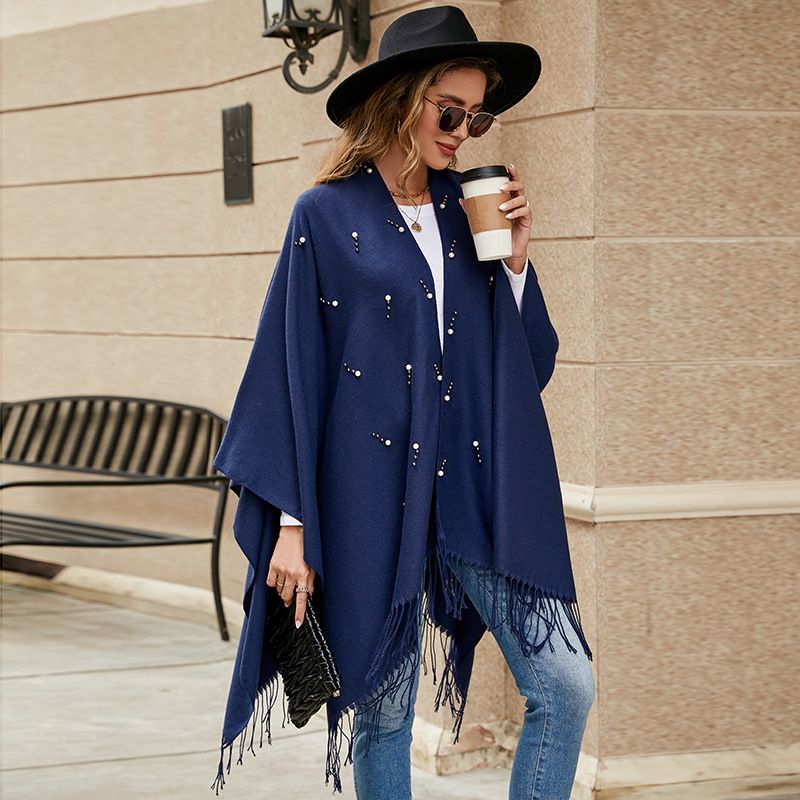 2024 New Warm Tassel Sunscreen Strap Pearl Solid Color Cloak Shawl_voghion.com