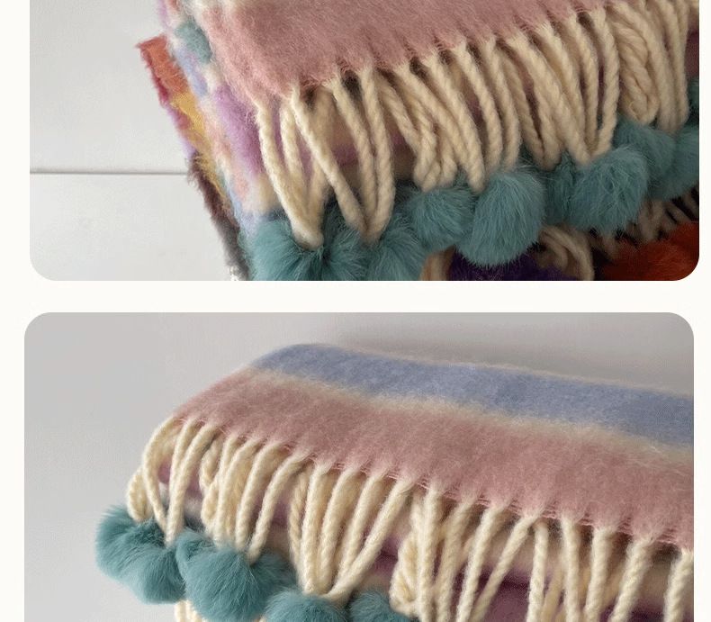 New Dopamine Striped Handmade Wool Ball Warm Scarf For Women In Winter, New Korean Version Thickened Cold Resistant Couple Scarf_voghion.com