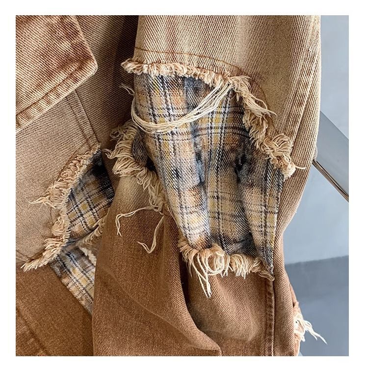 Vintage Distressed Denim Jacket With Gradient Color & Collar Design, Loose Fit Casual Coat For Men & Women_voghion.com