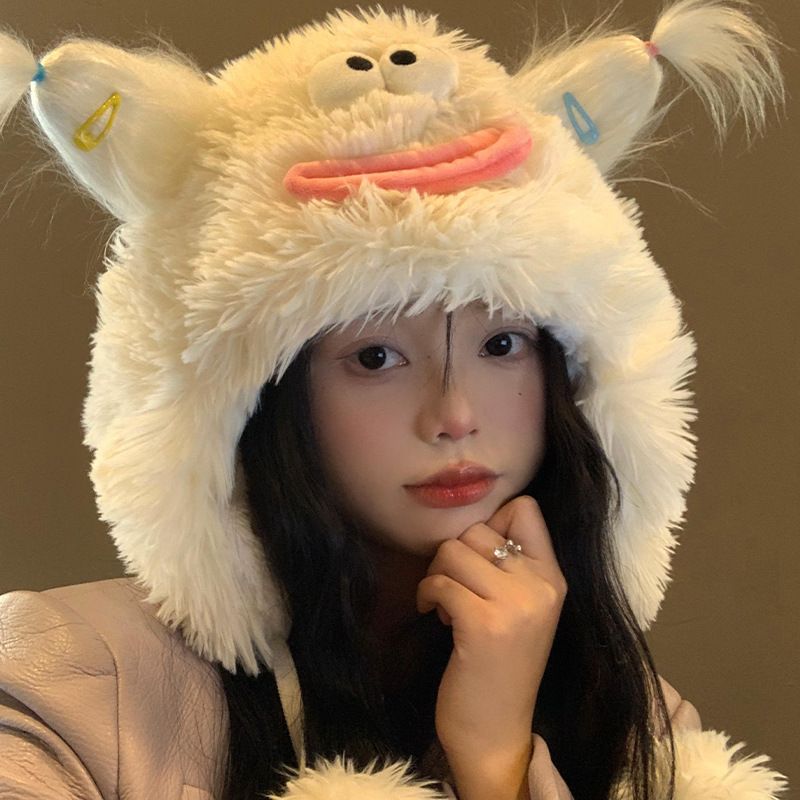 Litet monster kvinnors roliga söta stickade plysch i höst och vinter Visa litet ansikte, förtjockat öronskydd_voghion.com