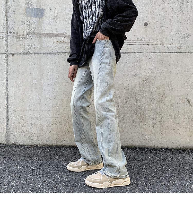 Yellow Mud Jeans Men's Autumn And Winter American Fashion Brand Slim Fit Patchwork Design Sense Loose Straight Casual_voghion.com