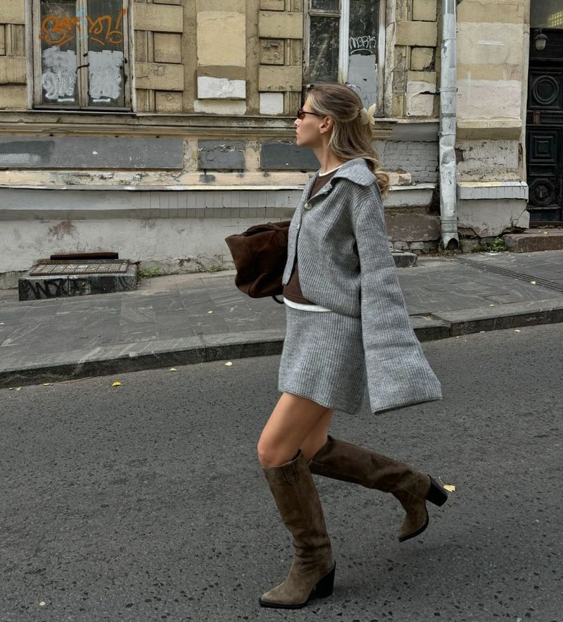 Trendy Rib-Knit Sweater Dress Set With Flared Sleeves & Notched Collar - Autumn/Winter Matching Outfit (Grey/Ivory/Angora Red/Brown)_voghion.com